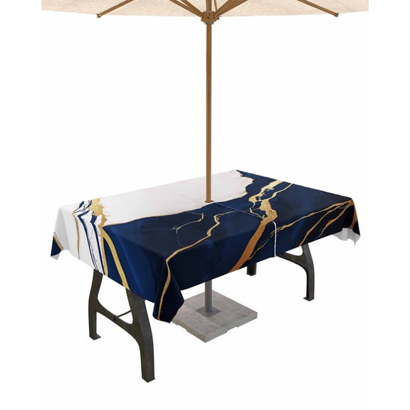 Boanket Outdoor Tablecloth with Umbrella Hole for Patio/Picnic/Party/Camping, Blue White Marble Waterproof Table Cloth Rectangle Table Cover Washable, Nature Marble Crack Yellow Lines Art (60"x 102")