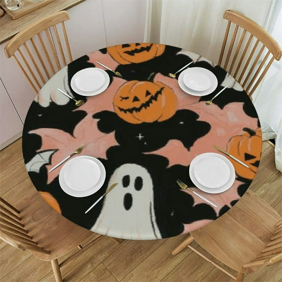 Heduofu Halloween Theme Round Fitted Tablecloth, Elastic Edge, Cartoon Cute Ghost Pumpkin Waterproof Wipeable Round Table Cover