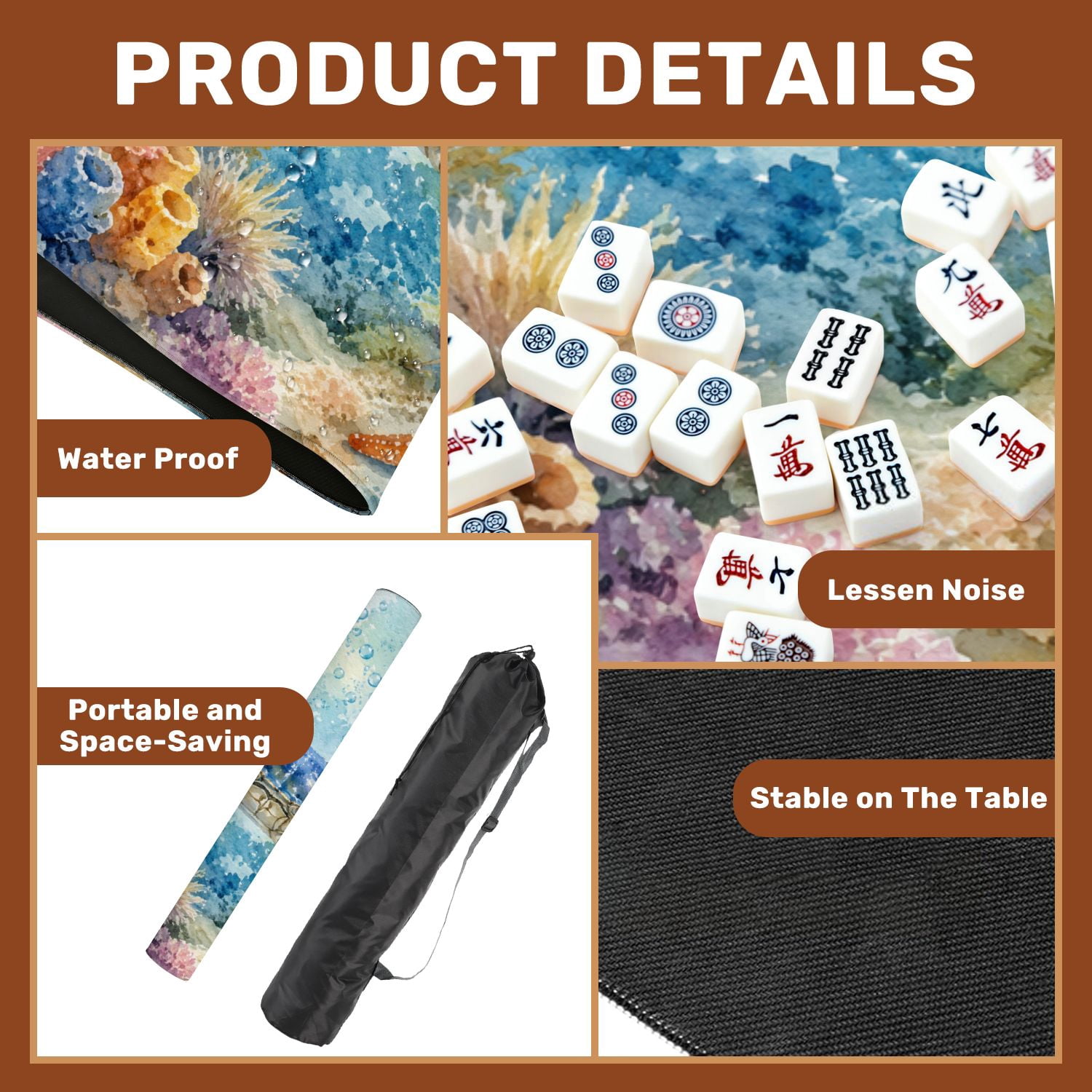 Mahjong Mat 31.5" x 31.5" Watercolor Blue Crab Vibrant Coral Starfish Fish Non-Slip Noise Reduction American Mahjong Tiles Table Cover for Dominoes Poker Card Board Games Gift