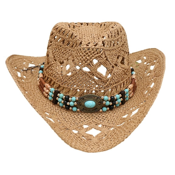 Straw Cowboy Hat for Women and Men with Decorative Bands, Hollow Western Cowboy Hat