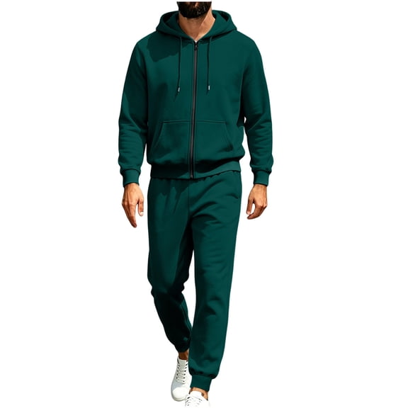 WIZUTIZ Men's Casual Set Solid Color Long Sleeve Pullover Hoodie Top Elastic Waist Drawstring Zipper Pocket Pants Two-Piece Outfit Polyester Breathable for Home Daily All-Season Wear