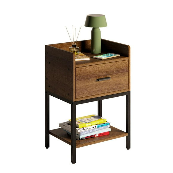 Buro Mesa Lateral de Noche Mubson Adula Madera Natural Estructura Metálica Color Negro 40x30 cm 60 cm