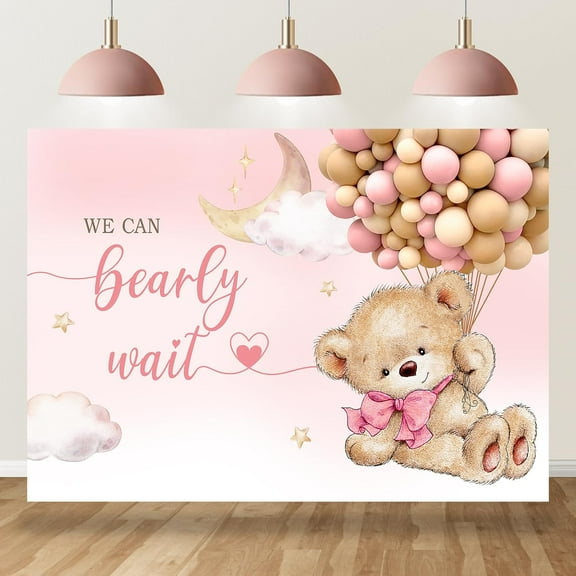 7x5Ft Bear Baby Shower Backdrop We Can Bearly Wait Photography Background for Girl Blush Pink and Gold Hot Airs Balloons Bowknot Baby Shower Party Decorations Banner Supplies Photo Booth Props