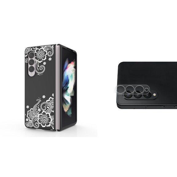 Accessory Bundle for Galaxy Z Fold 4: Slim Snap-On Case (White Floral), Rear Camera Glass Protector