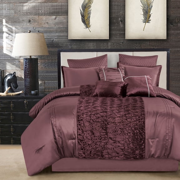9-Piece Luxe Contemporary Satin Ruched Bed-in-a-Bag Comforter Set