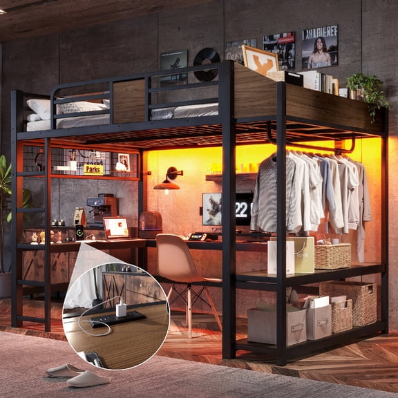 Full Loft Bed Frame with L-Shaped Desk, LED Light Strip Metal Loft with Clothes Hanging Rod and Storage Shelves, Iron Nets, Usb Ports,for Bedroom, Apartment, Dorm,Mattress Not Included,Black Brown