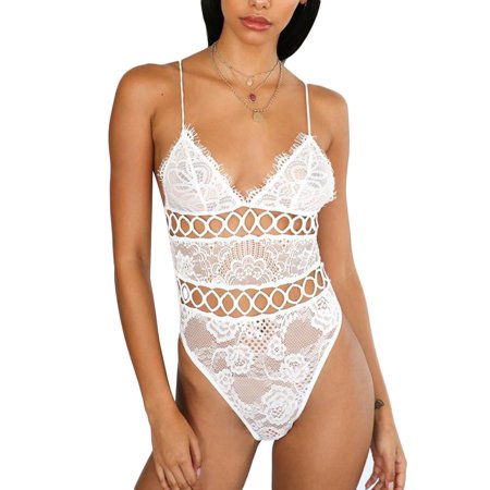 

ELENXS Women Girls Lace Sexy Lingerie Bodysuit Lingerie Backless Monokini Strap