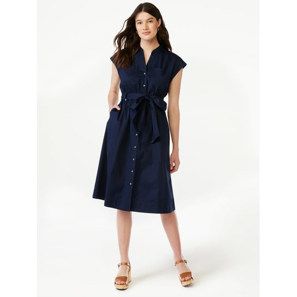 Free Assembly Women’s Belted Midi Shirt Dress with Short Sleeves, Sizes