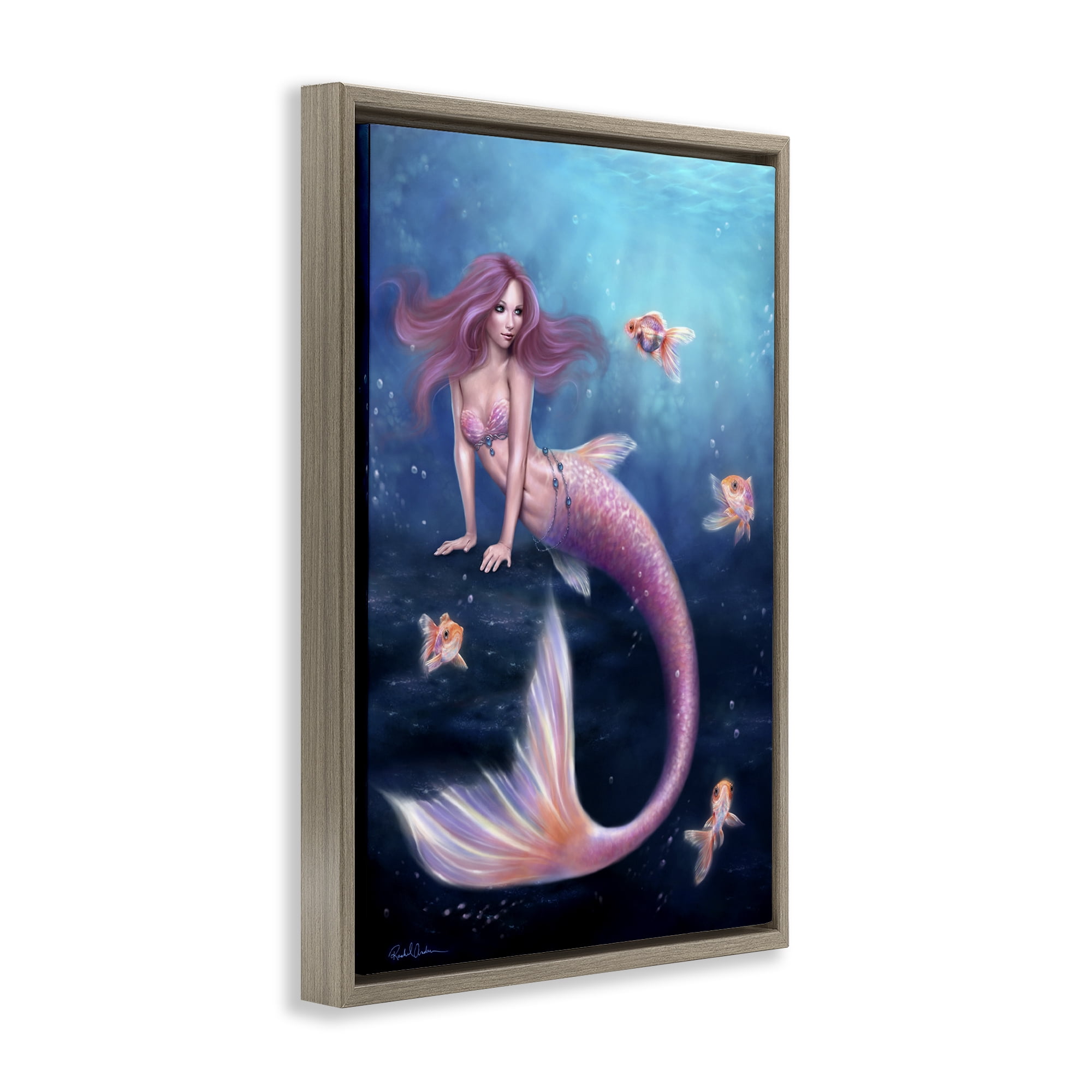 Aurelia Mermaid & Fish Brown Framed Floater Canvas Wall Art, design by Rachel Anderson