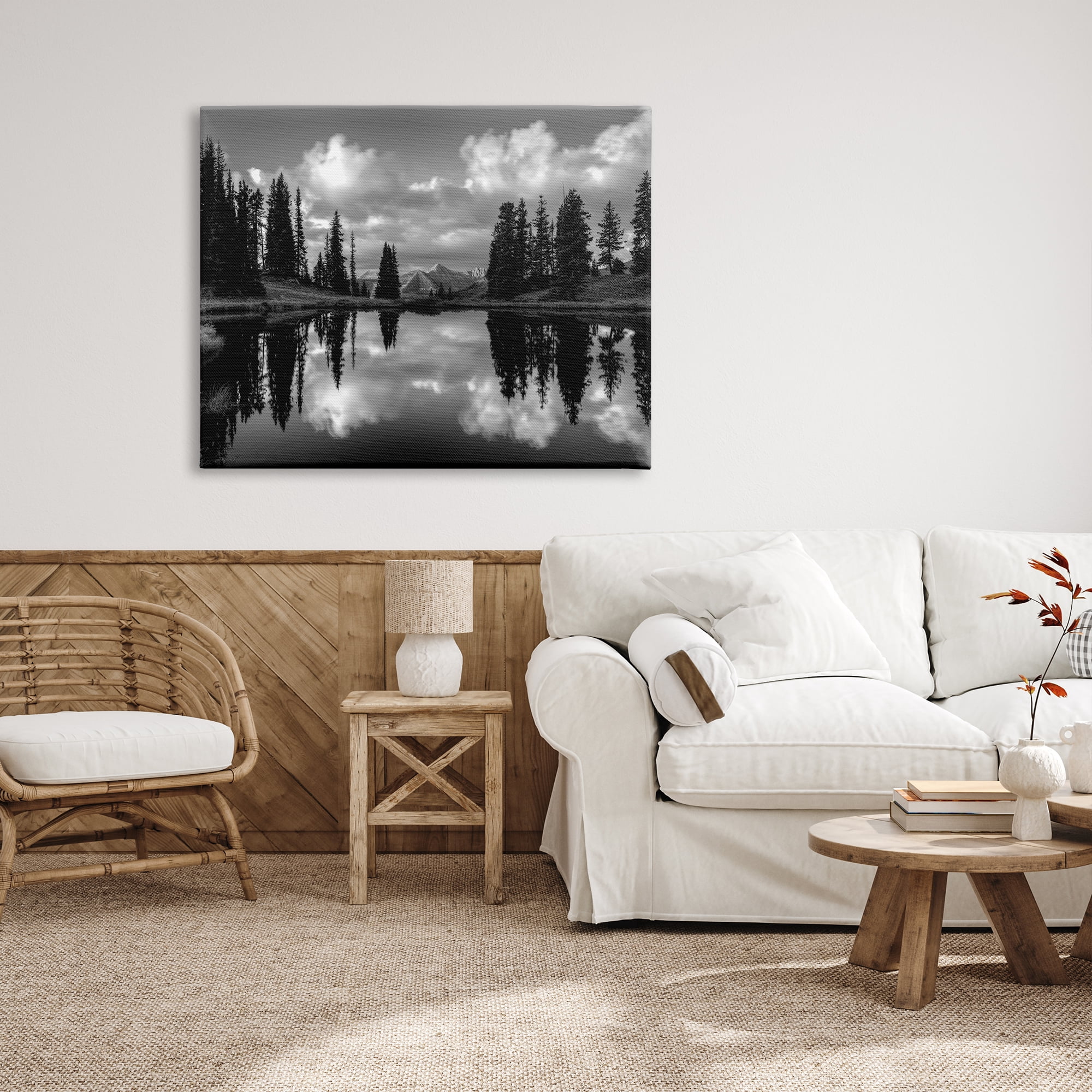 Stupell Indtries Cloudy Lake Mountain Reflection Tall Pines Photography Landscape,48 x 36,Design by J.C. Leacock