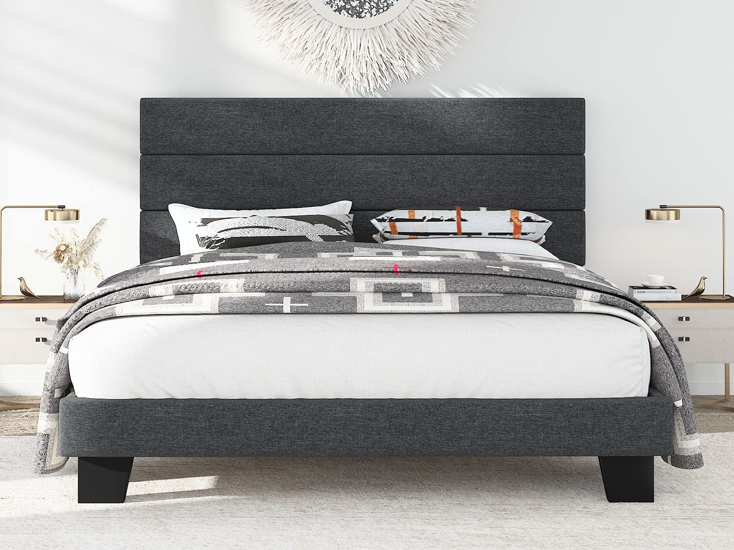 Platform Bed Frame With Headboard King Size Upholstered Beds Wood Frames Black 