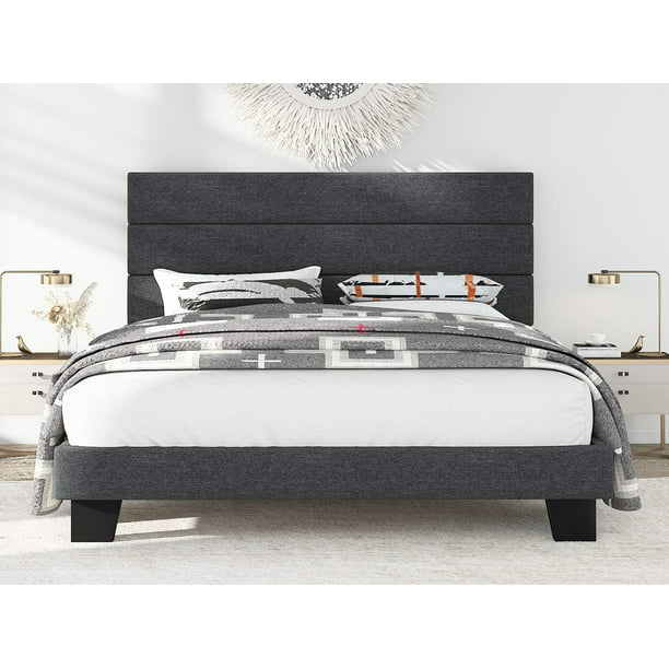 Fully Upholstered Platform Bed Frame, Dark Grey Upholstered King Bed