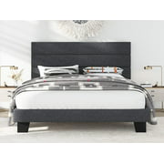 Allewie Queen Size Fabric Fully Upholstered Platform Bed Frame with Headboard and Strong Wooden Slats, Dark Grey