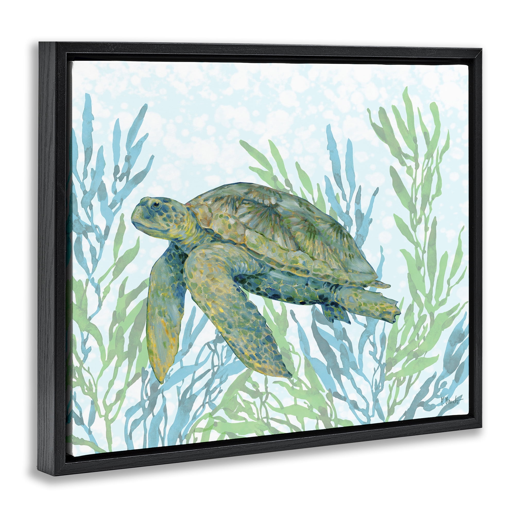 Stupell Industries Tasman Turtle in Seagrass Black Framed Floater Canvas Wall Art, design by Paul Brent
