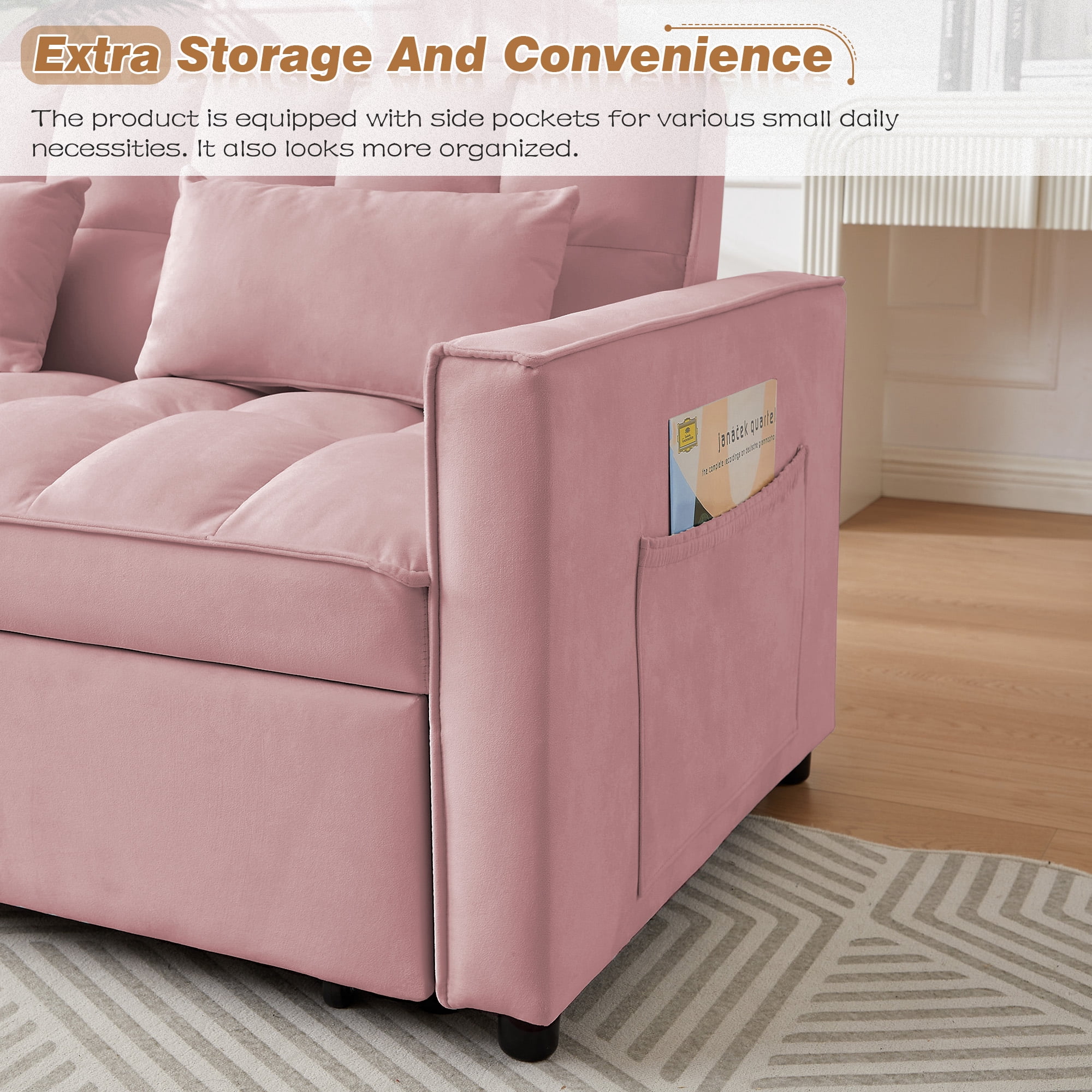 Lunale 55" Convertible Loveseat Sleeper, Tufted Pull Out Sofa Bed for Living Room, Pink Velvet