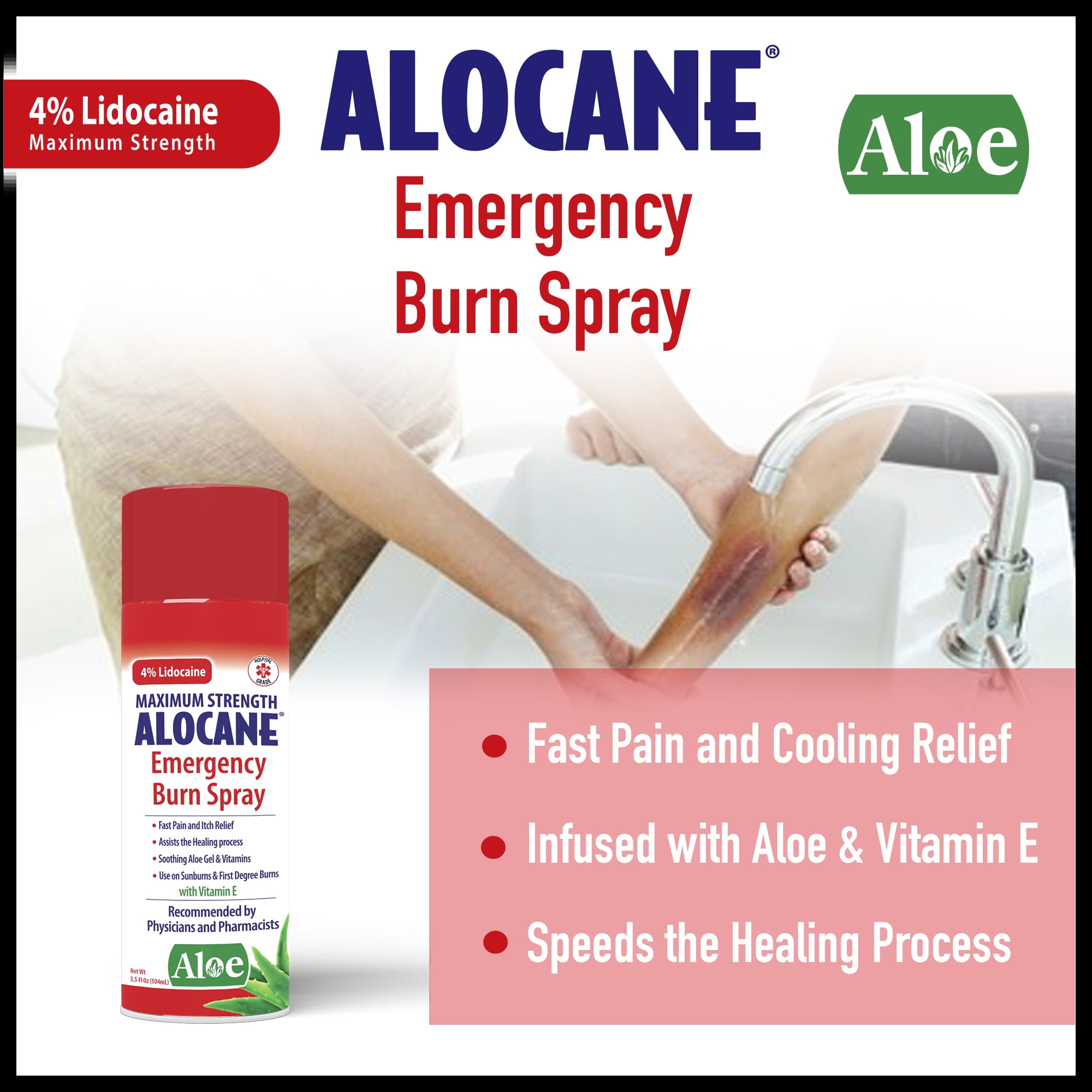 ALOCANE® Emergency Burn Spray, 4% Lidocaine Max Strength Fast Pain Itch  Relief for Minor Burns, Sunburn, Kitchen, Radiation, First Degree Burns,  First Aid Treatment Burn Care, 3.5 Fl Oz 