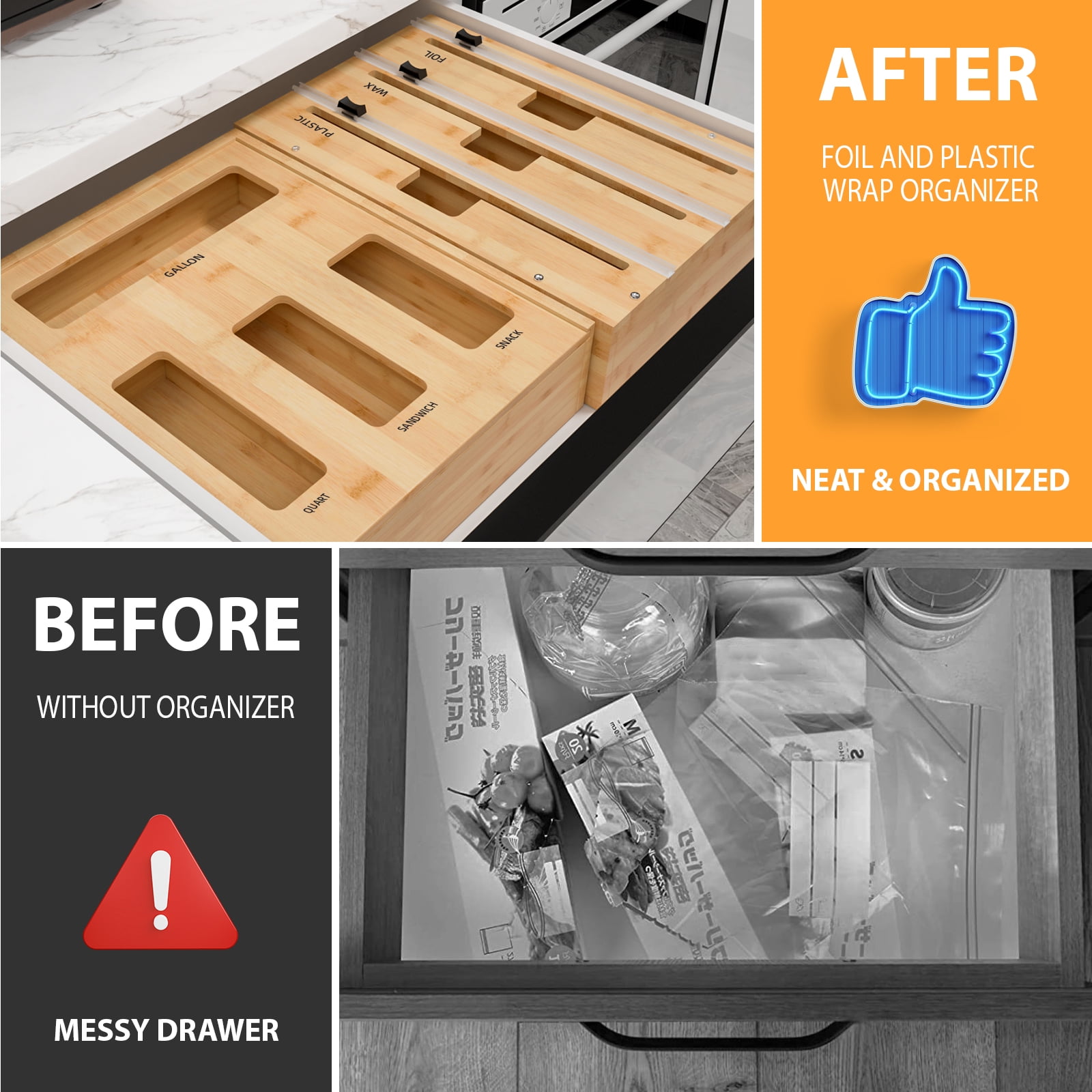 Storage Bag Organizer Foil and Plastic Wrap Organizer Dispenser with Cutter Kitchen Organizers Storage for Kitchen Drawer Dispenser for Gallon Quart Snack Sandwich