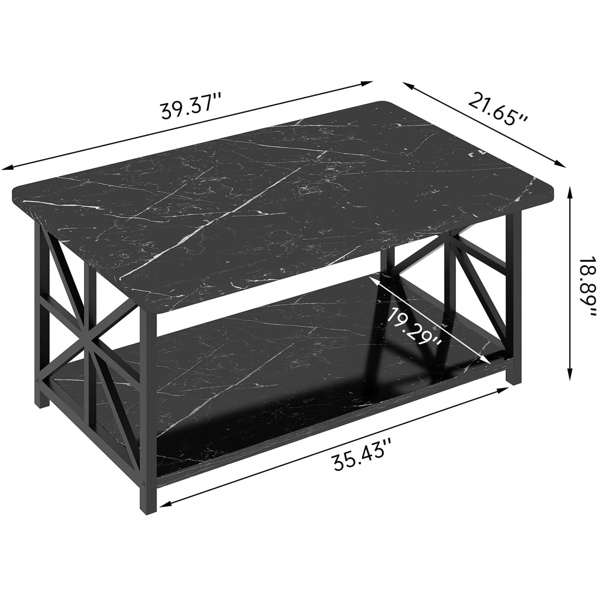 Lamerge Coffee Table with Round Corners, 2 Tier Coffee Table with Storage Shelf, Rectangular Center Table for Living Room Modern Style, Marble Tea Table 39.37 × 21.65 Inches, Easy to Assemble, Black