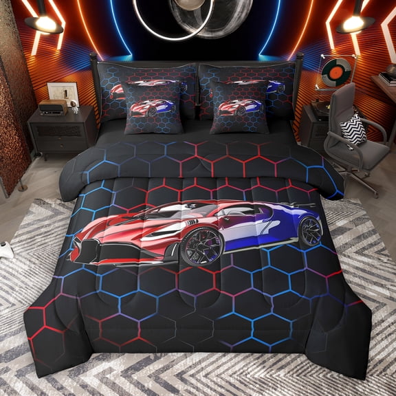 Manfei Racing Car 7-Piece Twin Bedding Sets,Modern Geometric Hockeycomb Bedding Comforter Set,Red Blue Black Sheet Sets For Boys Kids,Ultra Soft Home Decor Reversible