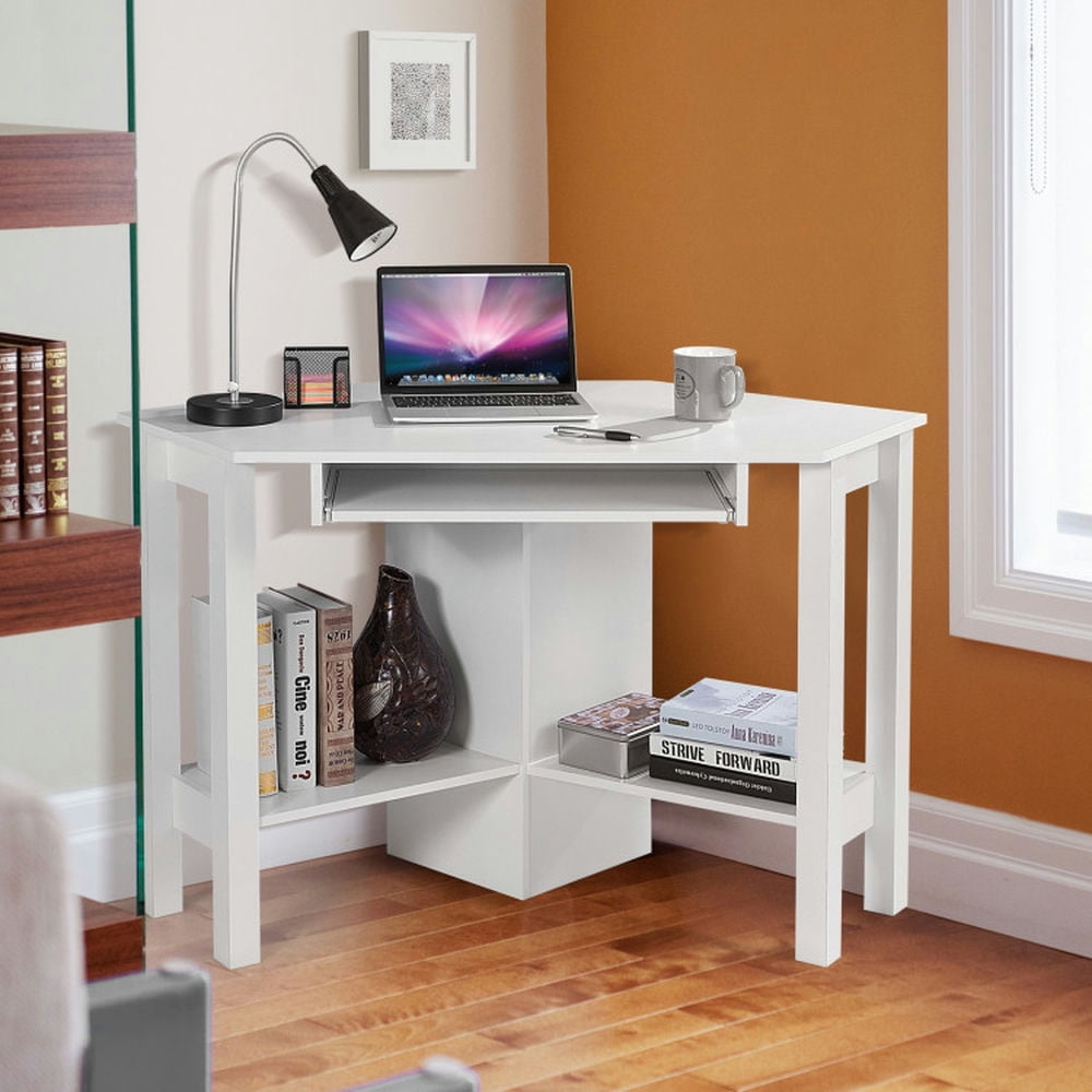 Demi Bonn Wooden Computer Corner Desk with Drawer for Home Office Sturdy Writing Workstation, White