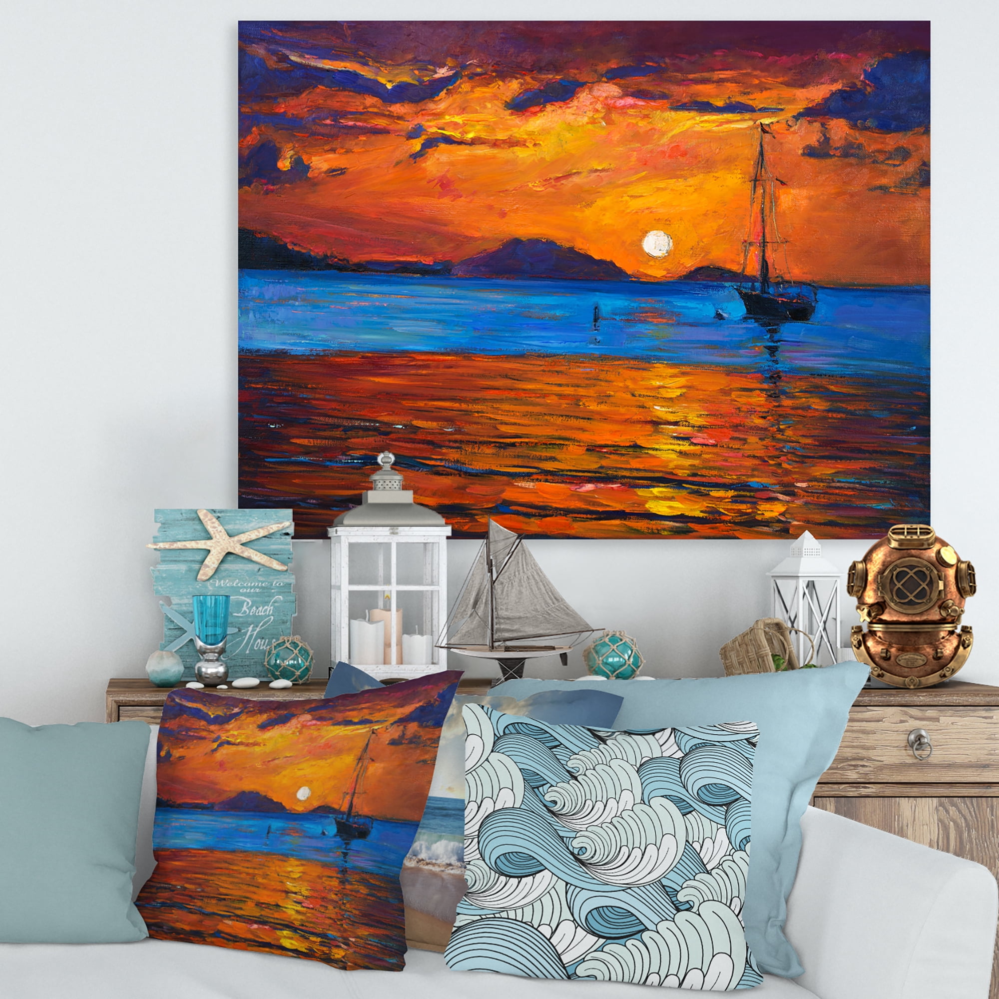 Designart ' Boat At The Lake During Evening Glow IX ' Nautical & Coastal Canvas Wall Art Print