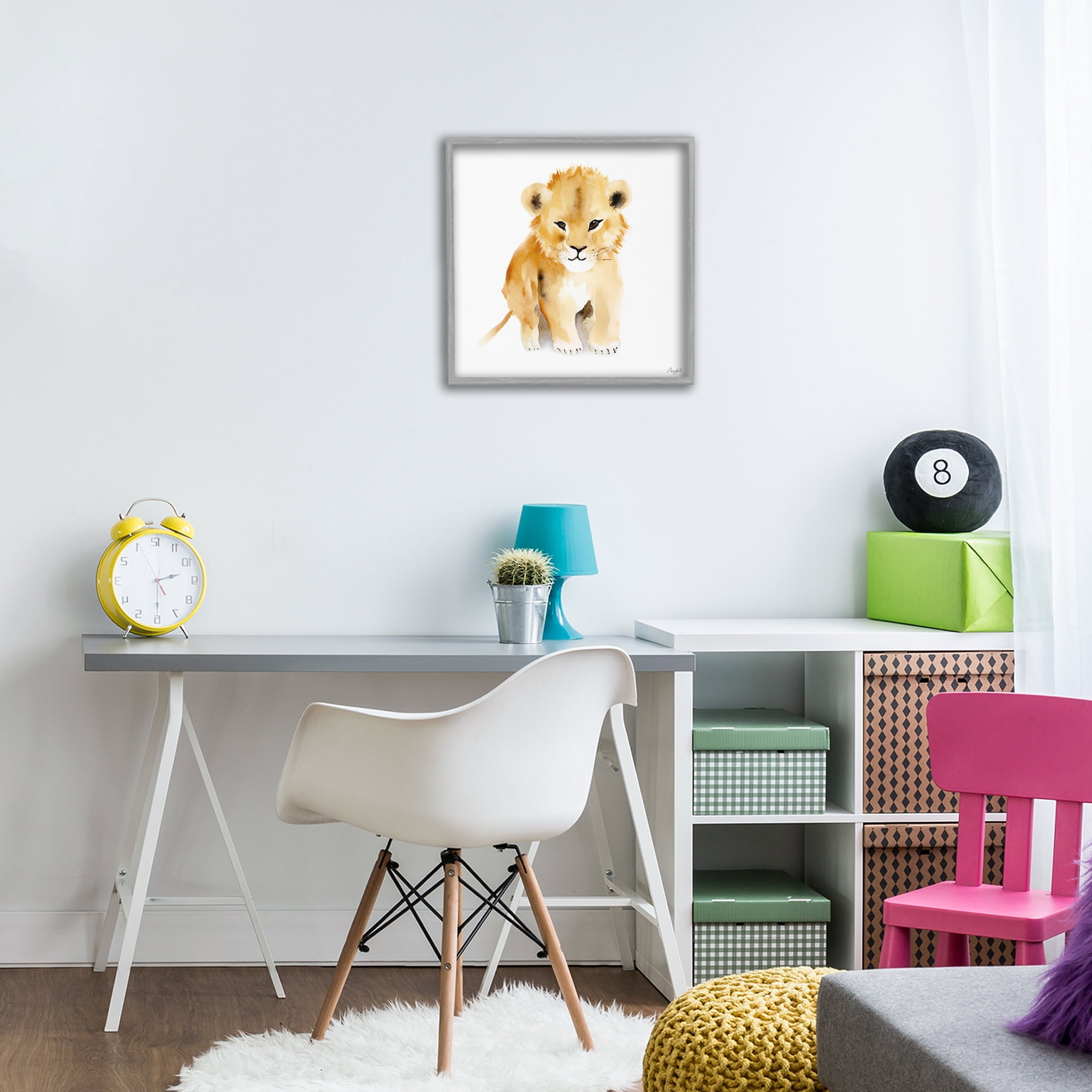Stupell Industries Minimal Lion Cub Gray Framed Giclee Art, design by Roozbeh