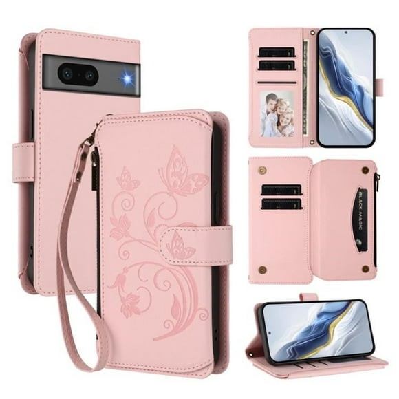 Magnetic Clasp Flip Stand Case for Google Pixel 7 5G with Lanyard 5-Card Holder Butterfly Flower Multi-card Zipper Wallet Leather Phone Case,Pink,For Google Pixel 7 5G
