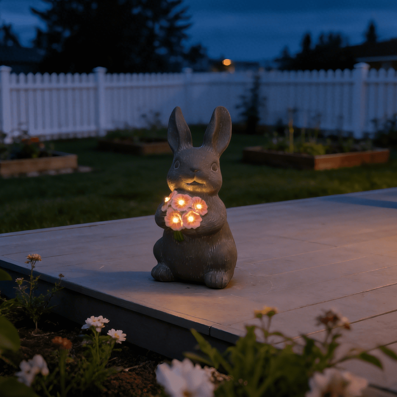 The Growing Ground Solar Bunny Garden Statue with LED Light, Resin Garden Decor for Patio, Lawn, Gray and Pink