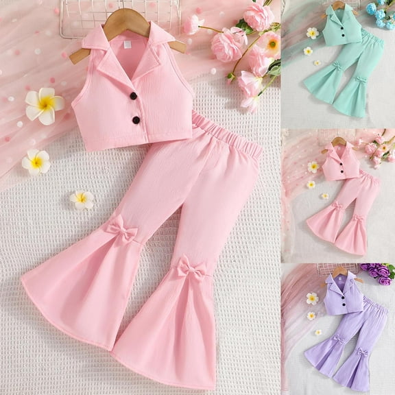 MKOSPLRT 2-Piece Girls' Party Set 3-8Y Notch Collar Vest Bow Dress Flare Pants Solid Casual Dressy Wedding Outfit Kids Blazer Suits
