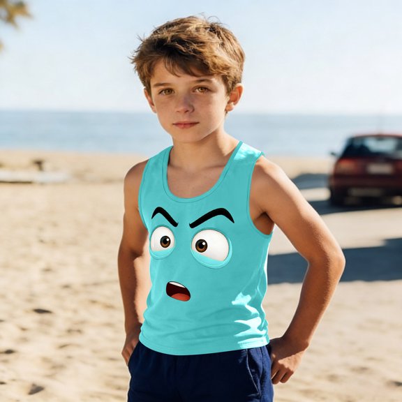 Xdegoge Big Boys Surprised Graphic Tank Top Funny Cartoon Face Print Sleeveless Crewneck Summer Activewear Sporty Casual Undershirts Lightweight Kids Breathable Tops