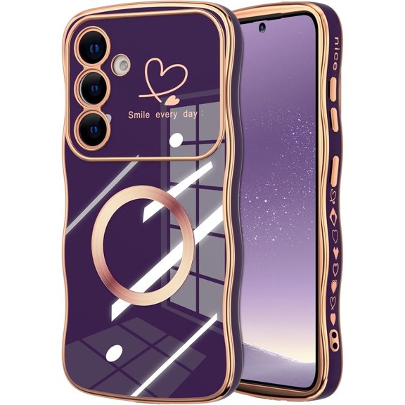 Meshine for Samsung Galaxy S23, [Compatible with MagSafe] Cute Curly Wave Frame Shape Luxury Plating Love Heart, Soft TPU Bumper Full Camera Protection Phone Case, Deep Purple