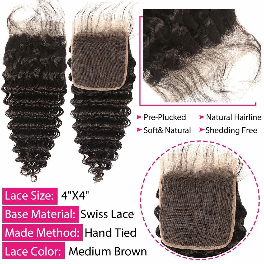 Brazilian Deep Wave Bundles with Closure 10A+ Brazilian Hair 100% Unprocessed Human Hair Extensions Bundles with Closure 4x4 Free Part Natural Black (12/14/16+10 Inch)
