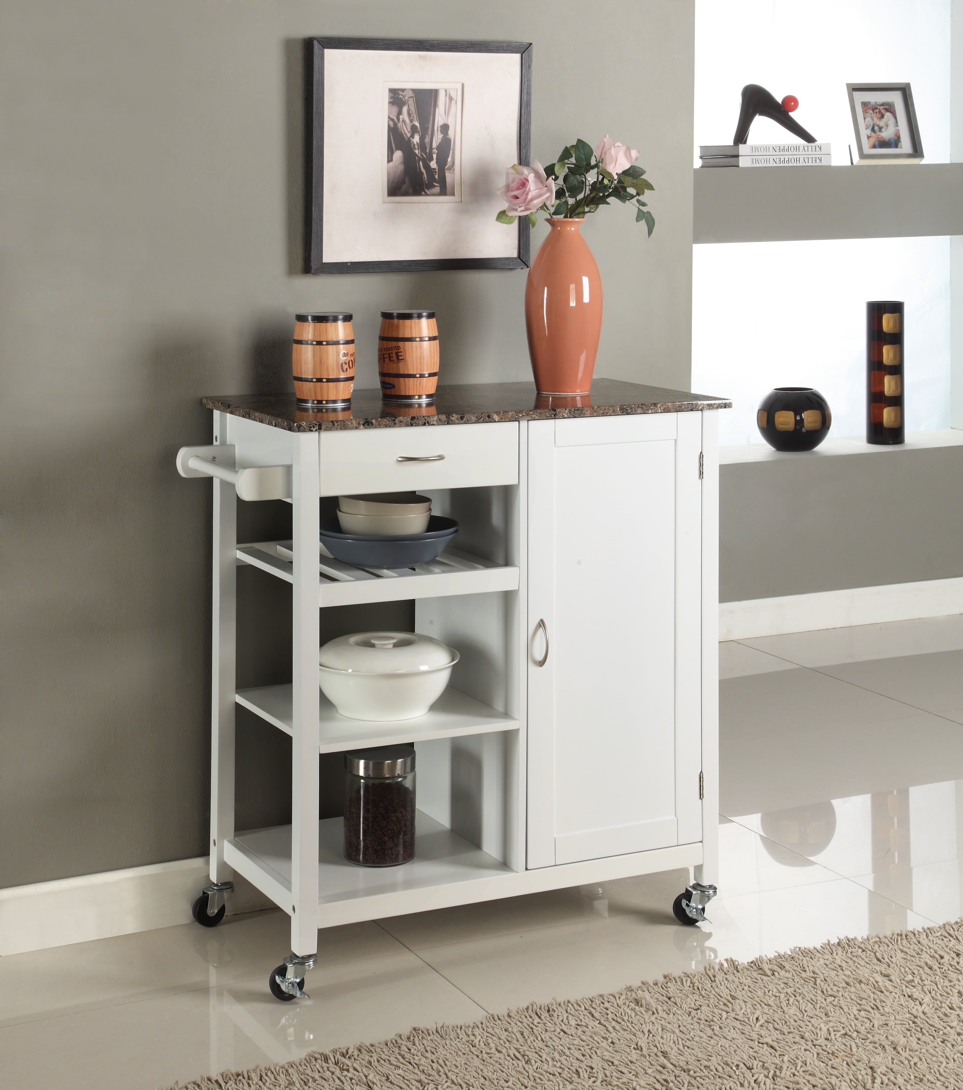 Clayton Wheeled Kitchen Serving Cart, White & Marble Wood, With Storage