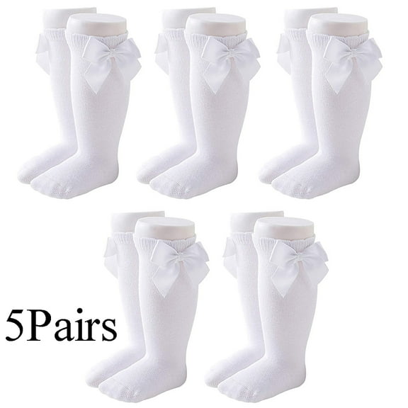 5 Pack Baby Girls Knee High Socks Long Bow Socks for Baby Girls,White,(0-1Year)