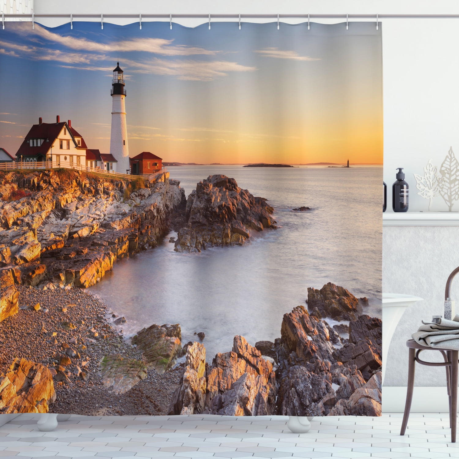 Seaside Lighthouse Waterproof Fabric Shower Curtain Set Bathroom Decor w/ Hooks 