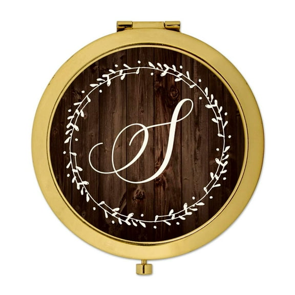 Koyal Wholesale Gold Compact Mirror Bridesmaid's Wedding Gift, Rustic Wood with Laurels, Monogram Letter S, 1-Pack