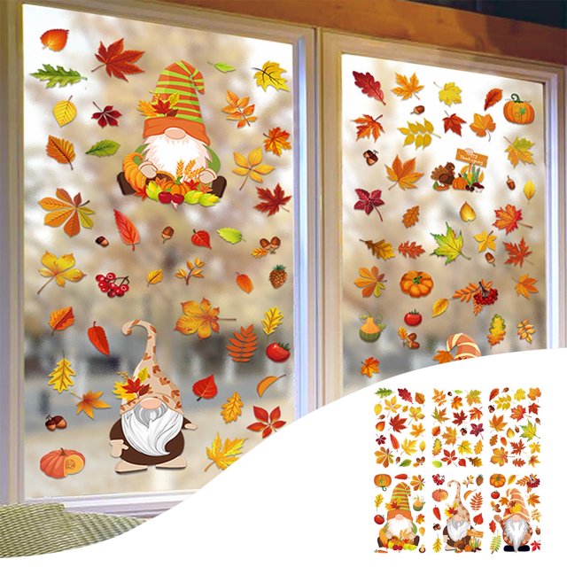6 hojas de calcomanías otoñales para ventanas, hojas de arce multicolores para vidrio, calcomanías otoñales para Acción de Gracias, decoraciones otoñales para ventanas.