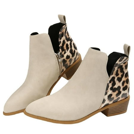 

KBKYBUYZ Women s Casual Leopard Shoes Thick Heel Round Head Boots Side Zipper Boots