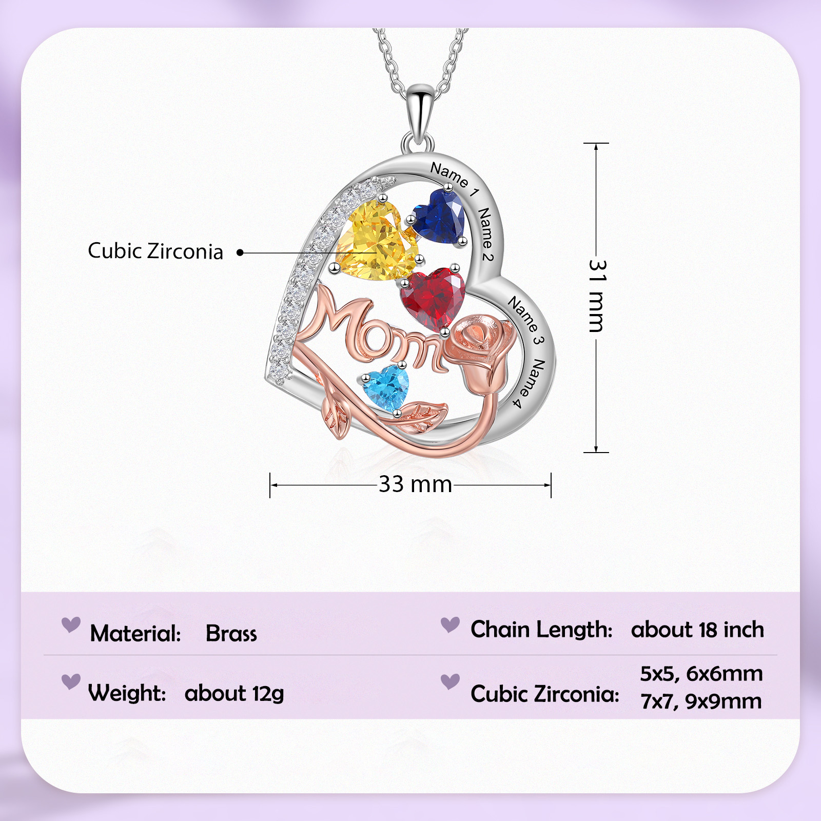 Mementos Customized Brass Heart Family Women's (Mother's) Necklace with 4 Birthstones and Names
