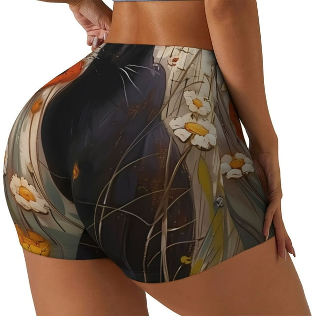 Fotbe Black Cat in Wildflowers Shorts Sin Costuras – Shorts Deportivos de Cintura Alta para Mujer, Elásticos para Gimnasio, Yoga, Running o Ciclismo-Large