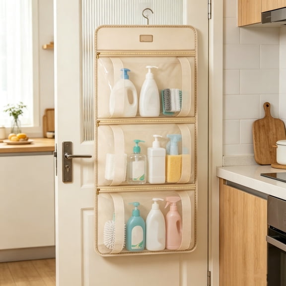 PYURTEP 3 Tier Hanging Organizer, Clear Door Organizer With Metal Hook and Large Pockets, Zippered Wall Storage Bag for Household Item Organization