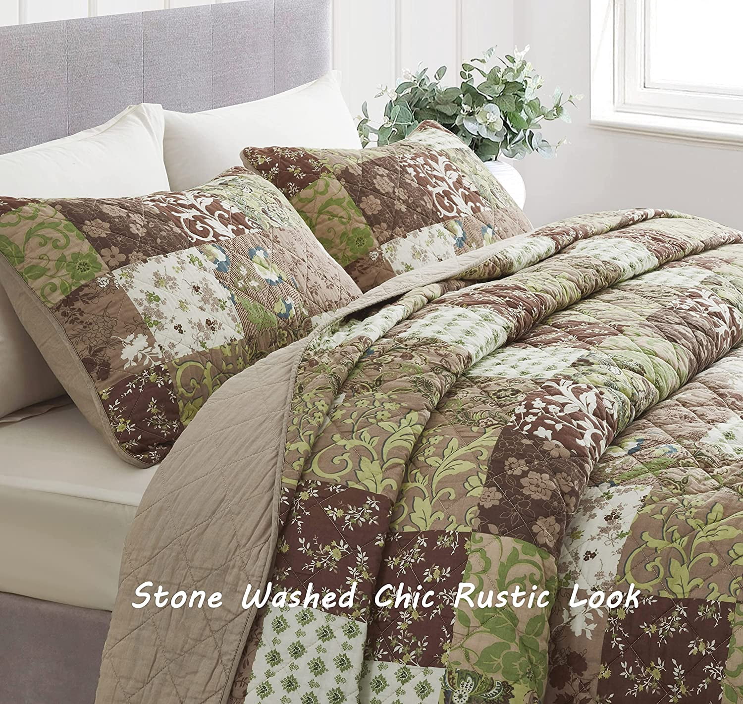 Chezmoi Collection Leilani 3-Piece Boho Washed Cotton Quilt Set Queen Size - Bohemian Quilted Bedding Brown Taupe Green White Floral Printed Patchwork Lightweight Bedspread Set for All Season