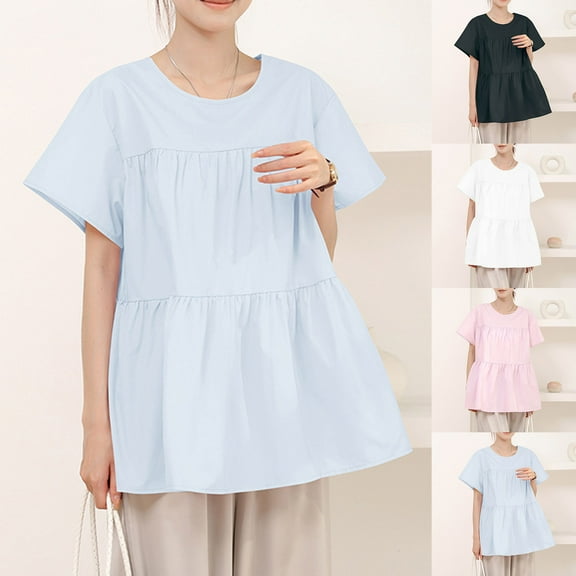 Olyvenn Stylish Women's Casual Ruffled Blouse Shirts Short Sleeve Peplun Babydoll Tops Crewneck Loose Tops Blouses Tunics Black L