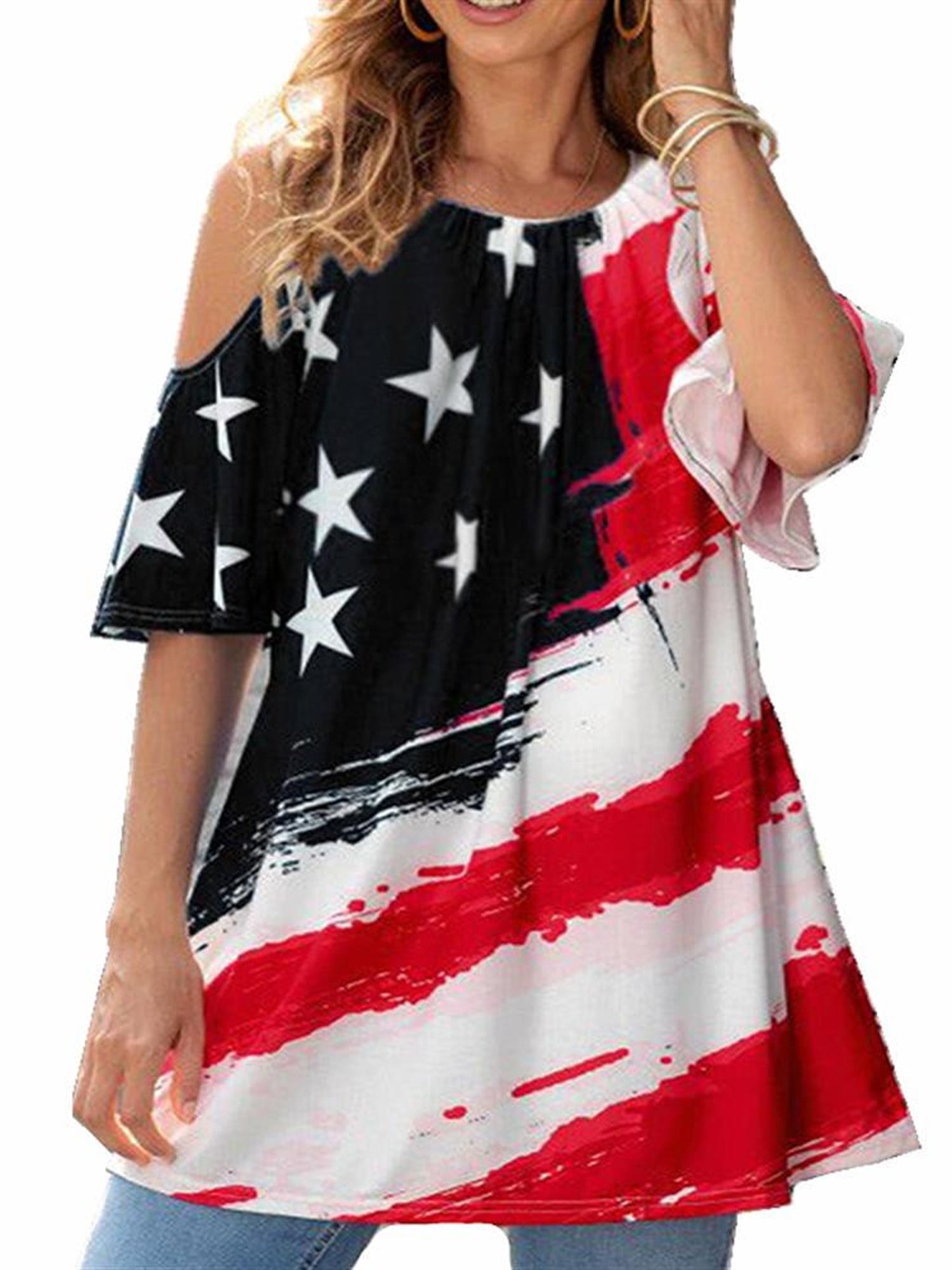 Midress Women Plus Size Casual Flag Star Print Off Shoulder Slings Sleeve Top T-Shirt Tank Tops Hollow Out Tee Tops Blouse T-Shirt