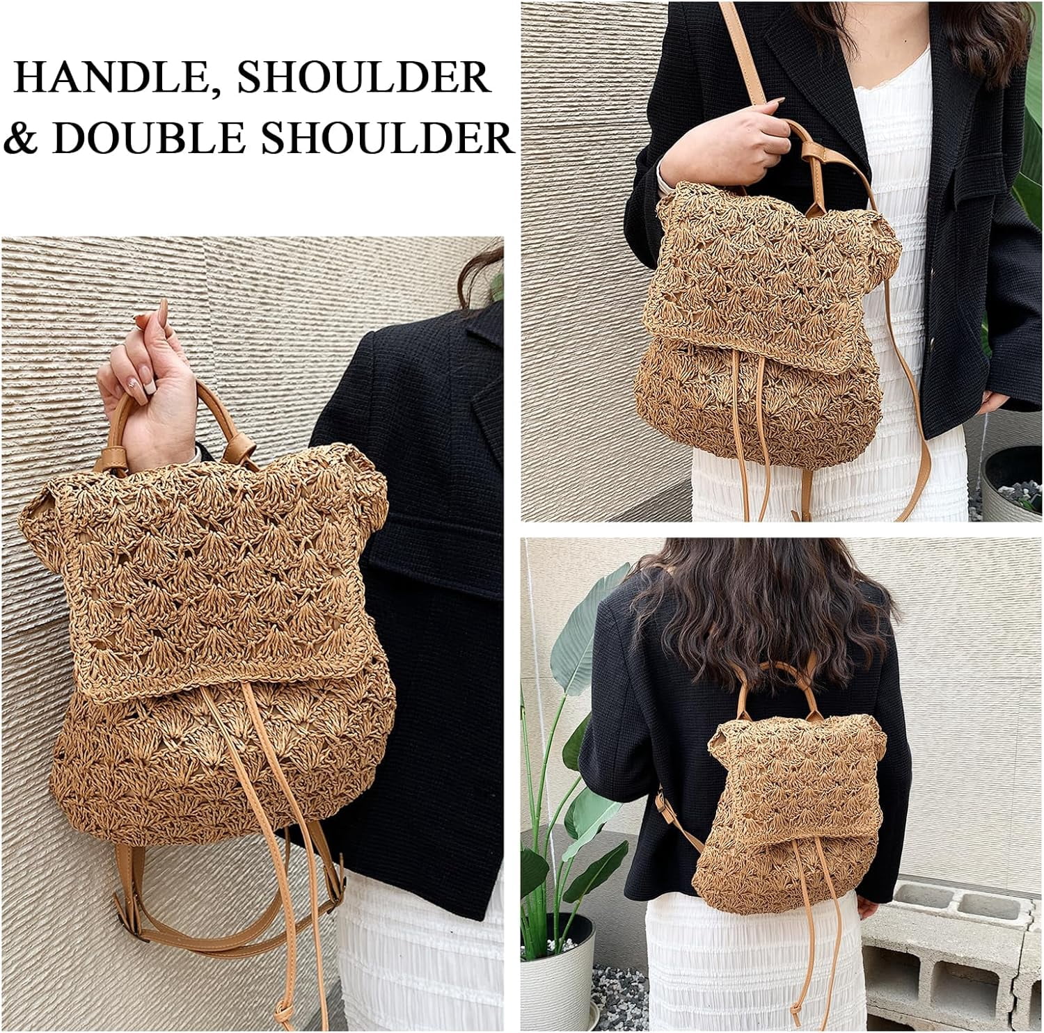 4130 Handmade Crochet Cotton Drawstring Backpack Boho Purse Leisure Daypack Boho Crocheted Cotton Drawstring Backpack: Colorful Striped  main image 2