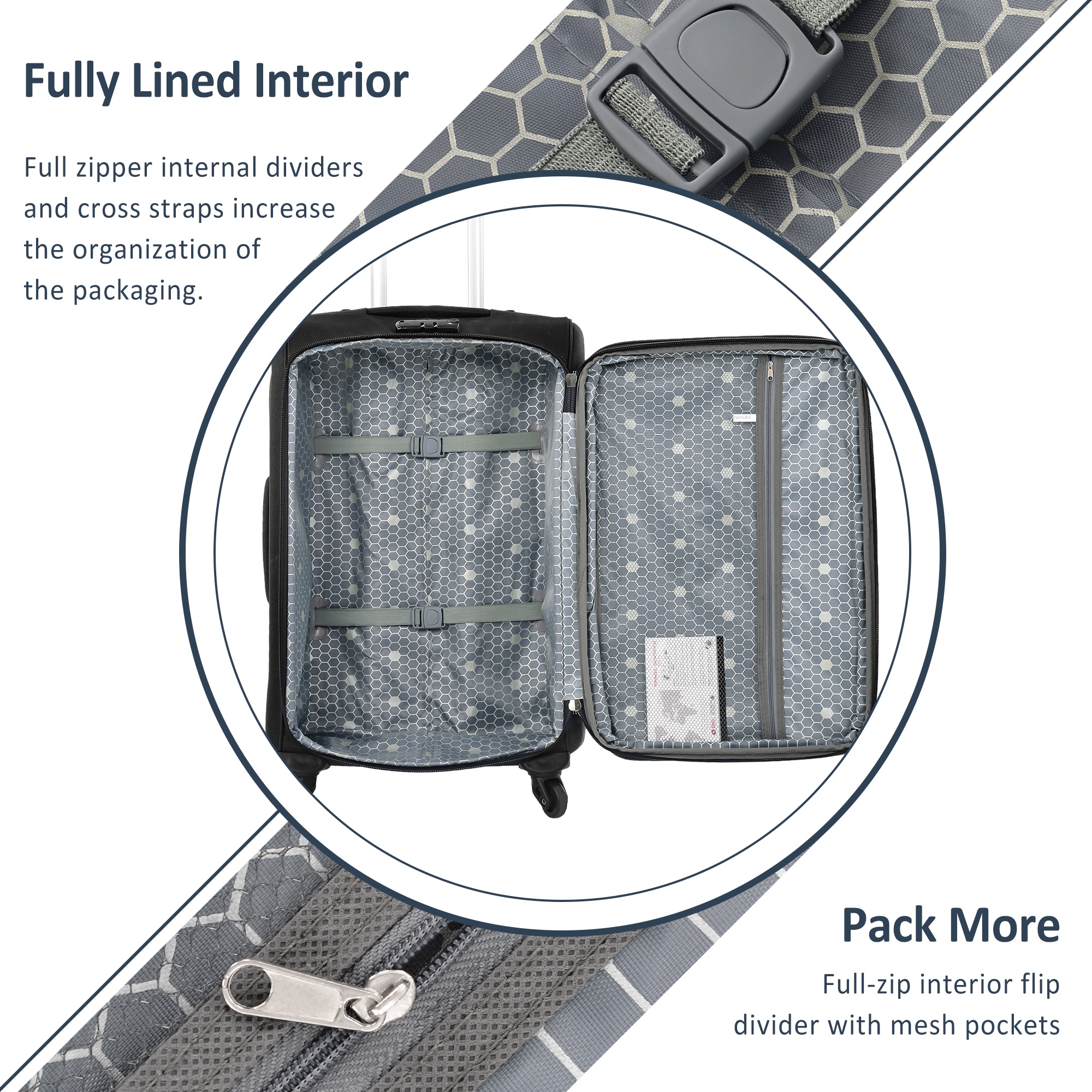 PAPROOS 3 Piece Luggage Sets, 20in 24in Hardside Luggage with Cosmetic Case, Lightweight Expandable Suitcase with Spinner Wheels and TSA Lock, Carry on Vintage Suitcase, Black