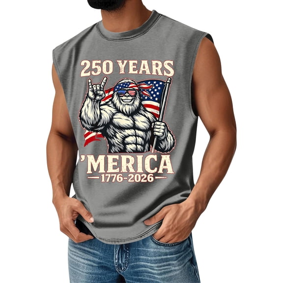 250 Years Mens Tank Top Independence Day USA Flag Print Crew Neck Sleeveless Shirts Retro Graphic Regular Fit Home Wear Comfy Tanks, Gray, #01 Gray