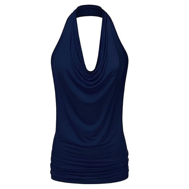 Blusa sexy con cuello drapeado y espalda descubierta, sin mangas, para mujer - Material de poliéster, adecuada para llevar de forma informal y en la oficina