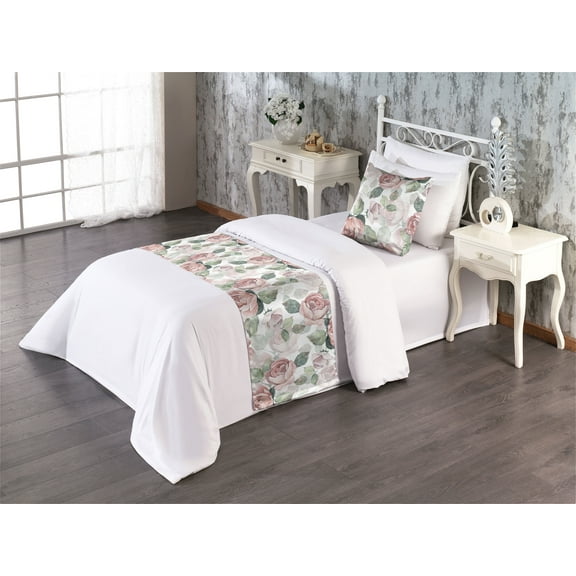 Vintage Floral Bed Runner Set, English Roses with Pastel Color Palette Floral Nature Themed Print, Decorative Bedding Scarf & a Pillow Sham for Hotels Homes, Twin, Blush and Sage Green, by Ambesonne