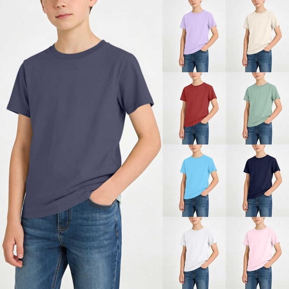 BXSRUTA Kids Solid Color Short Sleeve T-Shirts Crewneck Soft Polyester Spandex Blend Casual Size 1-15 Years